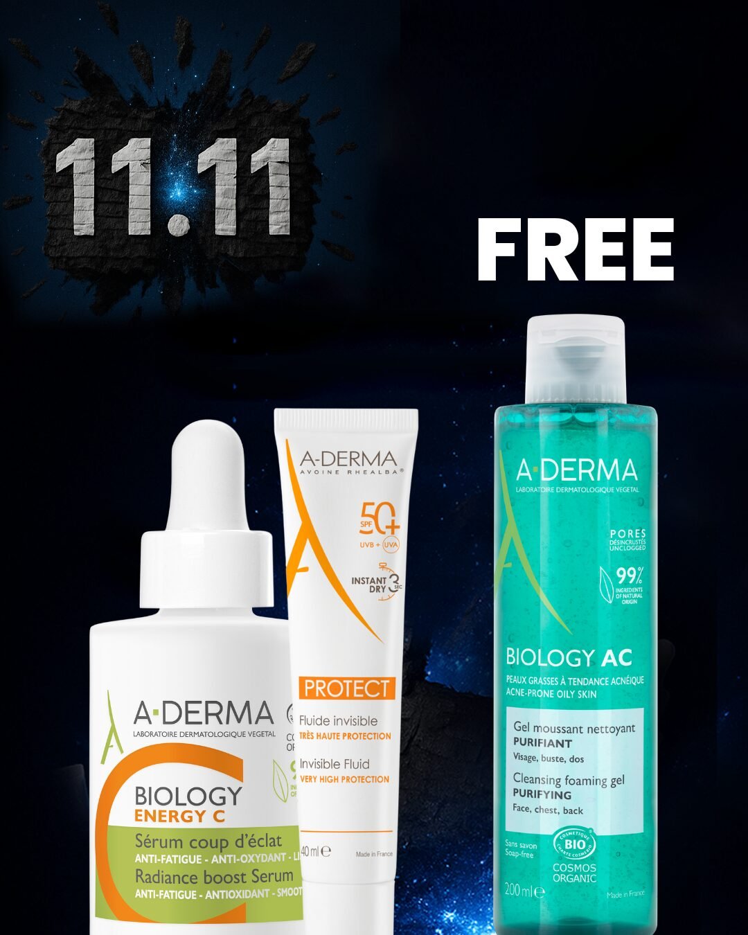 BUY A-derma Biology Energy C Stabilized Vitamin C Serum & A-derma Protect invisible fluid Spf 50+GET A-derma Biology AC Purifying Foaming Gel FOR FREE