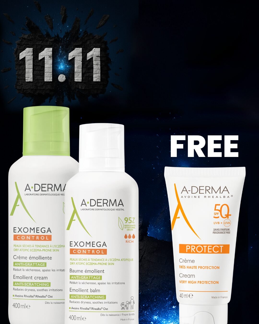 BUY ADERMA EXOMEGA CTL CREAM 400ML & ADERMA EXOMEGA TL BAUME 400MLGET A-derma Protect cream spf 50+ fragrance-free 40ML FOR FREE
