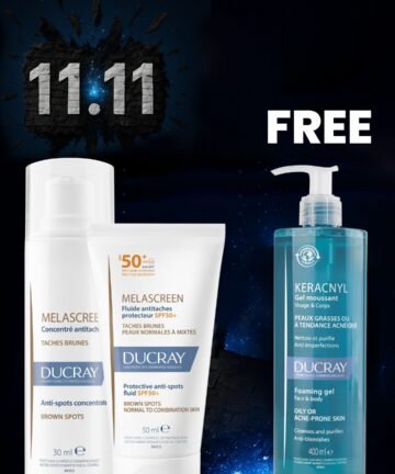 BUY DUCRAY MELASCREEN ANTI-SPOT CONCENTRE 30ml & DUCRAY MELASCREEN EMULSION SPF 50+ 40mlGET DUCRAY KERACNYL GEL MOUSSANT 400ML FOR FREE