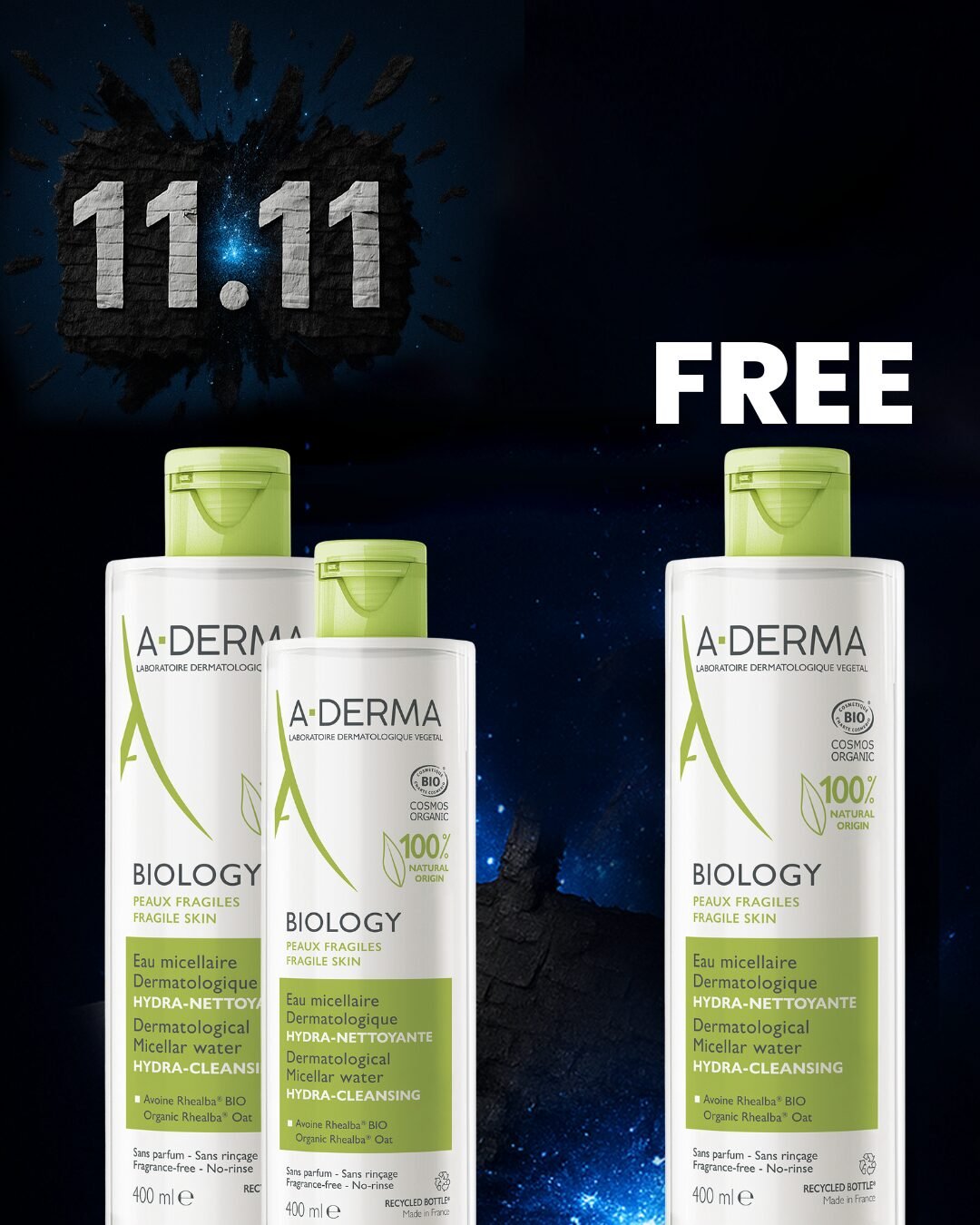 BUY 2 A-derma Biology Hydra Cleansing Dermatological Micellar Water GET 1 FREE